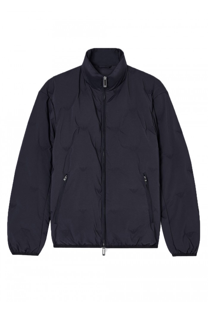 Full-zip nylon down jacket with inlaid all-over micro eagles blue