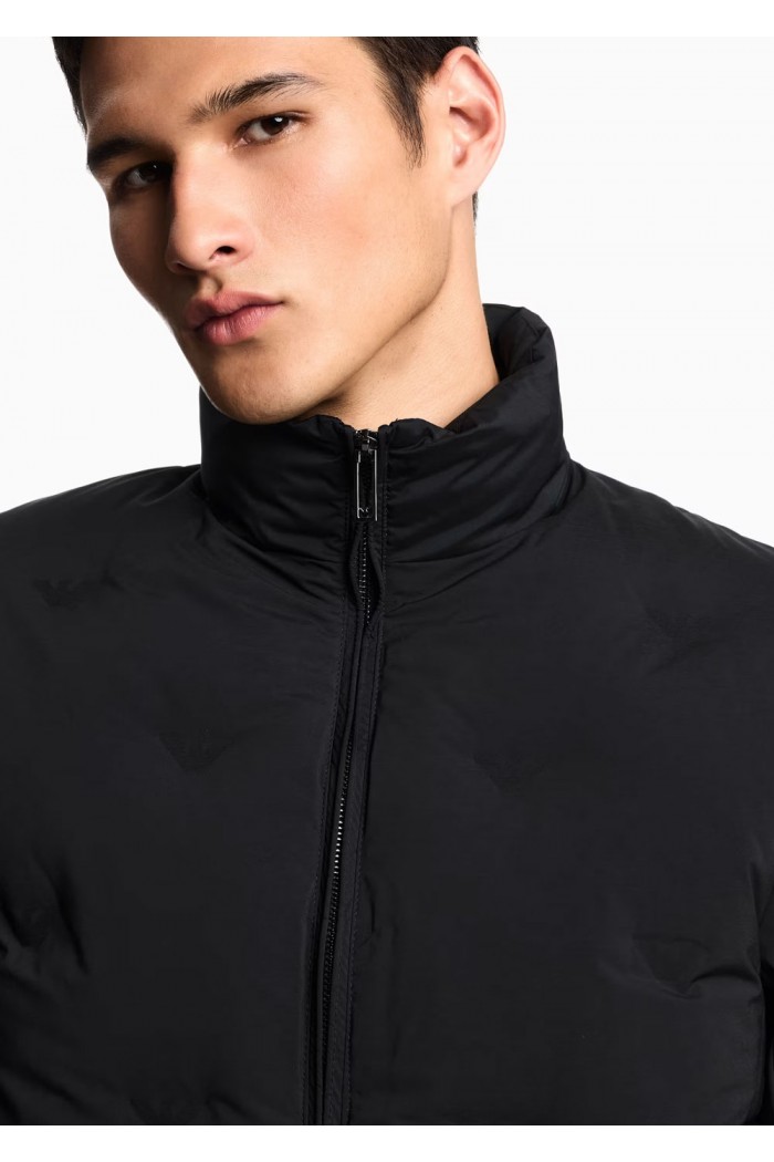 Full-zip nylon down jacket with inlaid all-over micro eagles black