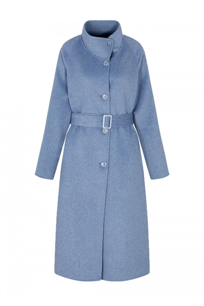 Mock-neck wool-blend coat with matching belt