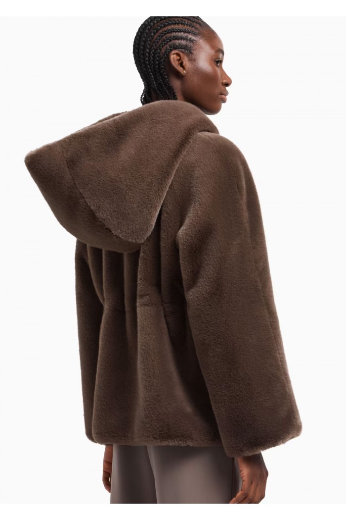 Faux-fur reversible blouson with hood and drawstrin