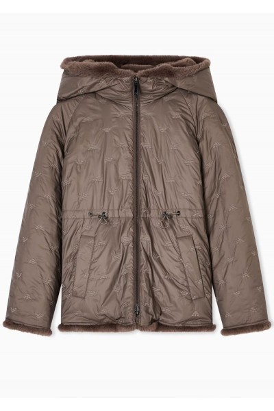 Faux-fur reversible blouson with hood and drawstrin