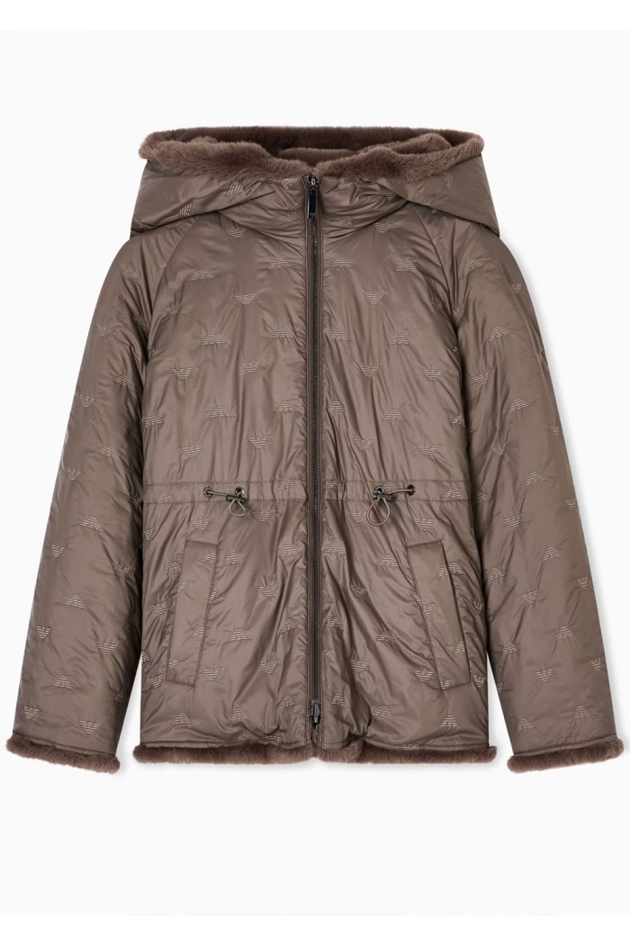 Faux-fur reversible blouson with hood and drawstrin
