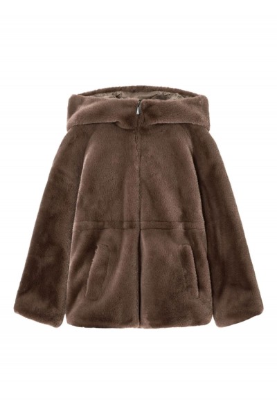 Faux-fur reversible blouson with hood and drawstrin