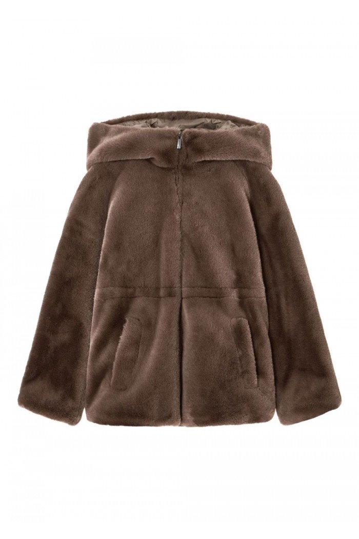 Faux-fur reversible blouson with hood and drawstrin