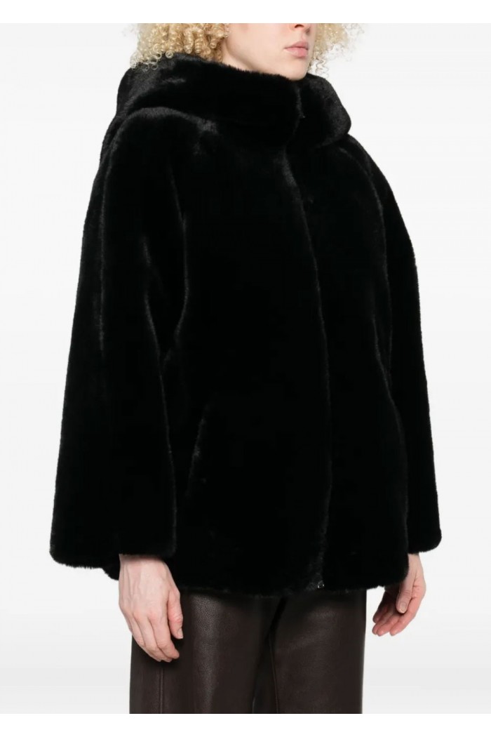 Faux-fur reversible blouson with hood and drawstrin