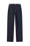 Five-pocket denim jeans with a metal knot on the waistband