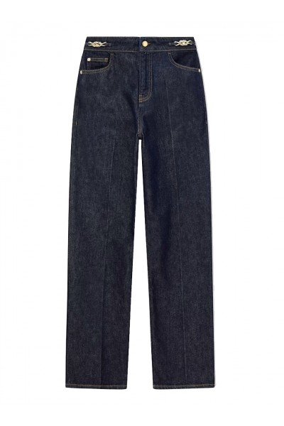 Five-pocket denim jeans with a metal knot on the waistband