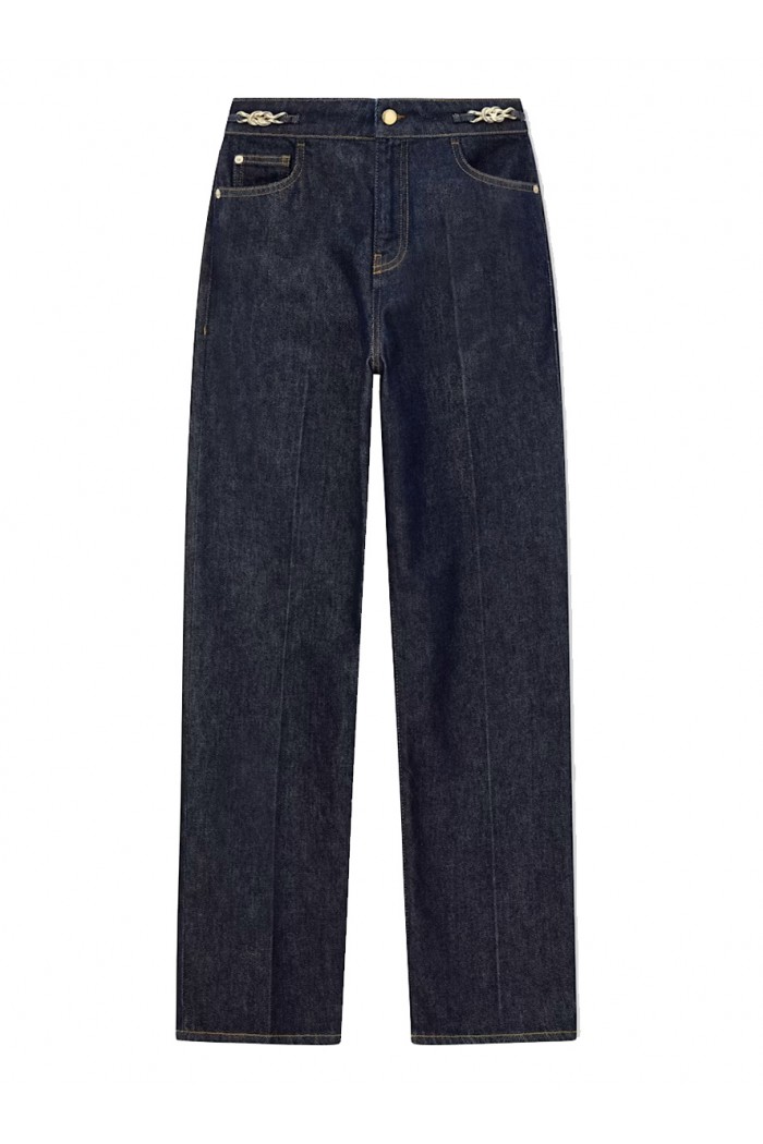 Five-pocket denim jeans with a metal knot on the waistband
