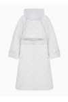 Long quilted light nylon coat with a hood and belt