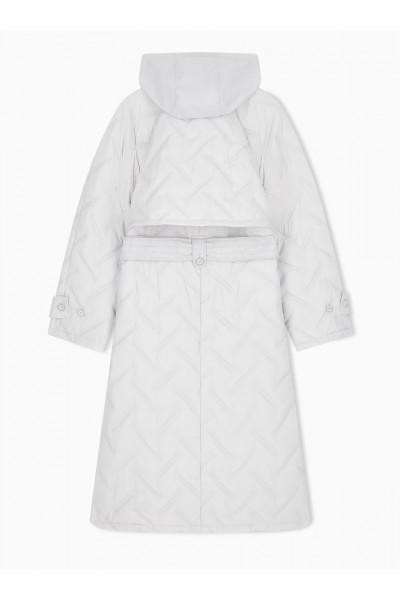 Long quilted light nylon coat with a hood and belt