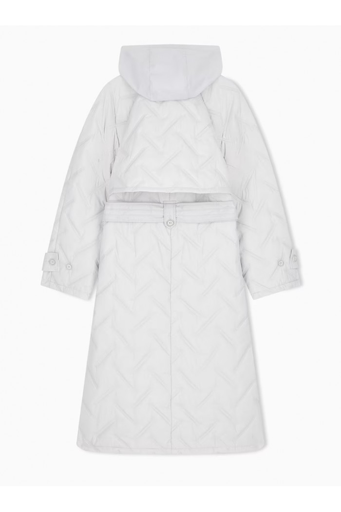 Long quilted light nylon coat with a hood and belt