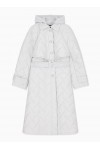 Long quilted light nylon coat with a hood and belt