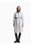 Long quilted light nylon coat with a hood and belt
