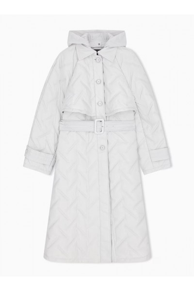 Long quilted light nylon coat with a hood and belt
