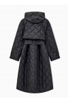 Long quilted light nylon coat with a hood and belt
