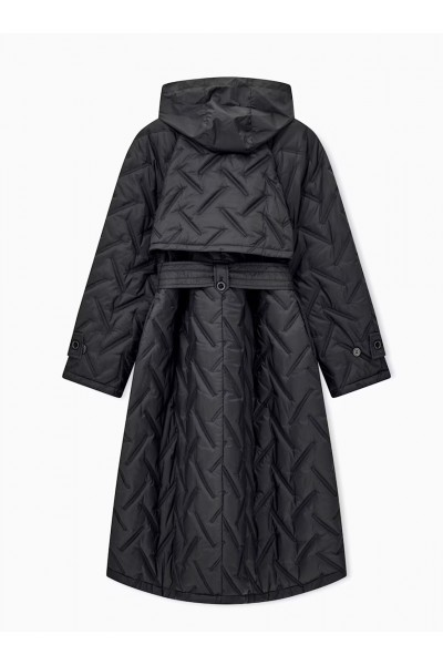 Long quilted light nylon coat with a hood and belt
