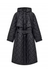Long quilted light nylon coat with a hood and belt