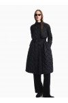 Long quilted light nylon coat with a hood and belt