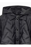 Long quilted light nylon coat with a hood and belt