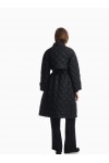 Long quilted light nylon coat with a hood and belt