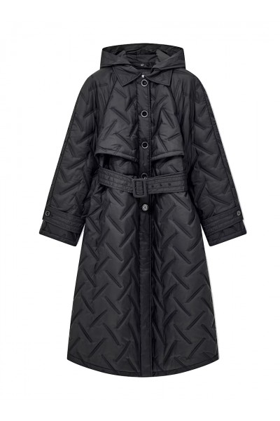 Long quilted light nylon coat with a hood and belt