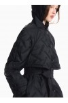 Long quilted light nylon coat with a hood and belt