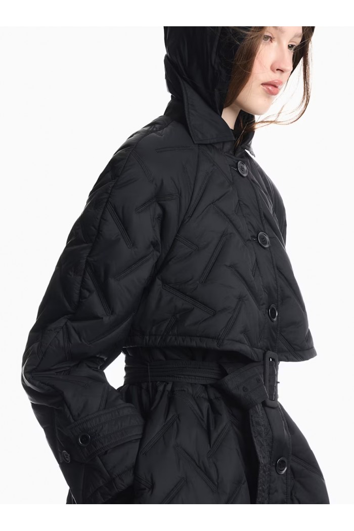 Long quilted light nylon coat with a hood and belt