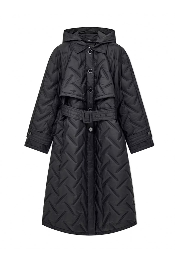 Long quilted light nylon coat with a hood and belt