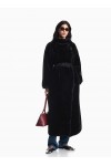 Faux fur down coat with high collar and waist belt