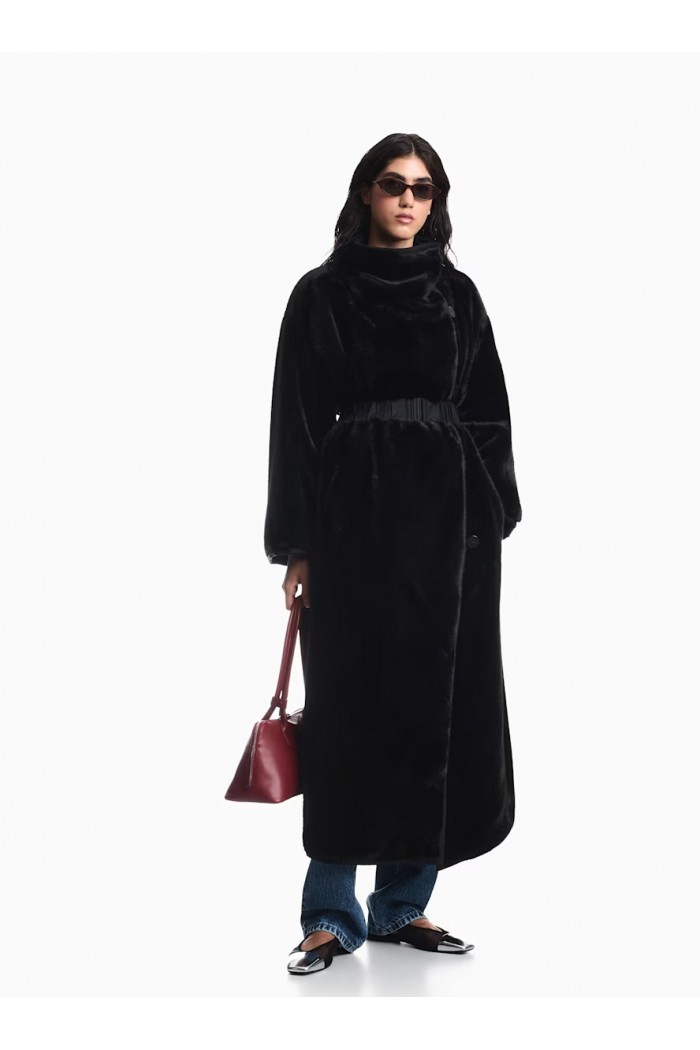 Faux fur down coat with high collar and waist belt
