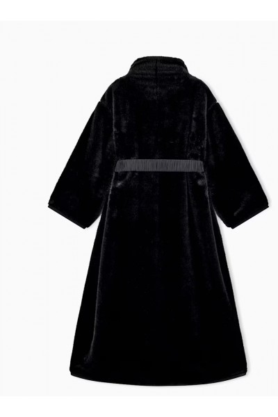 Faux fur down coat with high collar and waist belt