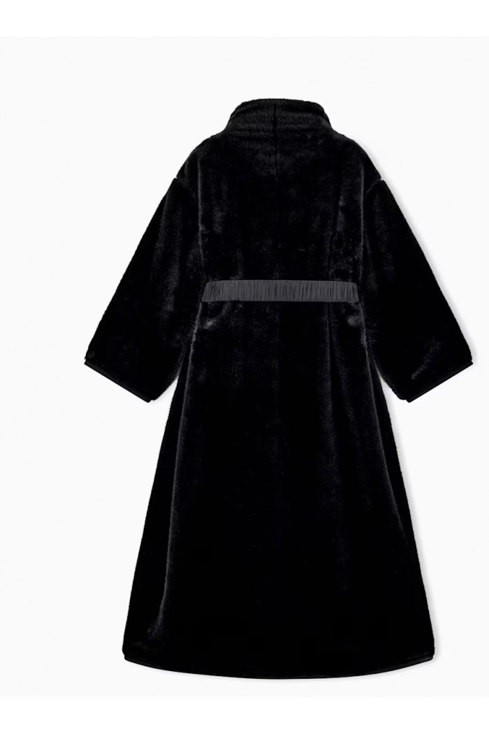 Faux fur down coat with high collar and waist belt