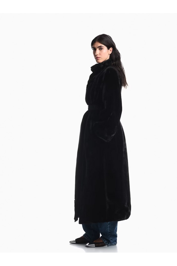 Faux fur down coat with high collar and waist belt
