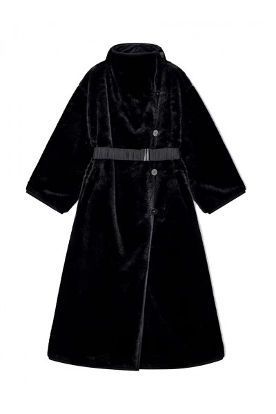 Faux fur down coat with high collar and waist belt