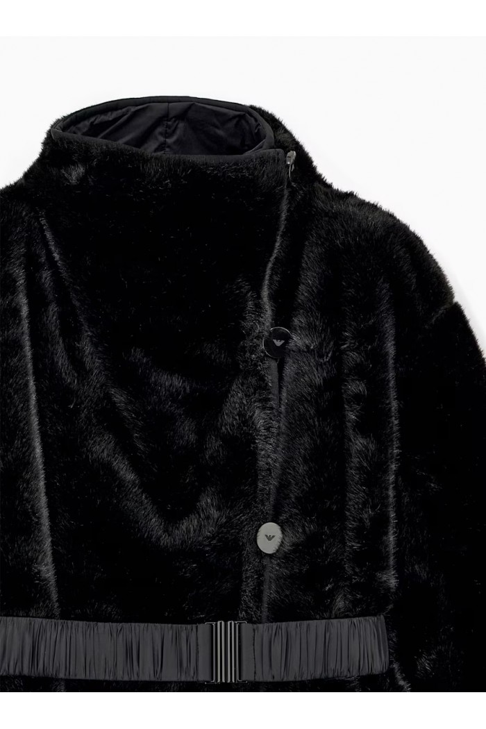 Faux fur down coat with high collar and waist belt