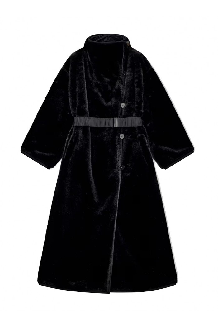 Faux fur down coat with high collar and waist belt