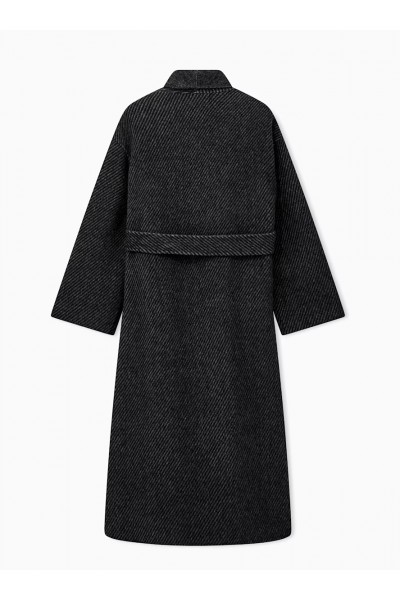 Belted double-breasted coat in virgin wool double jacquard
