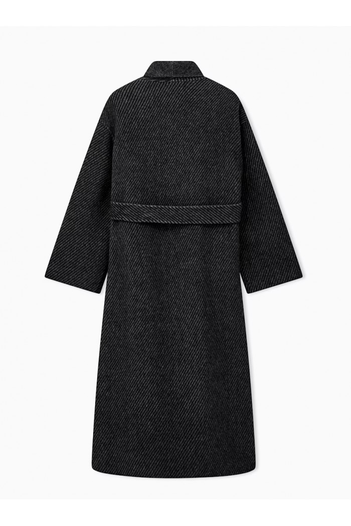 Belted double-breasted coat in virgin wool double jacquard
