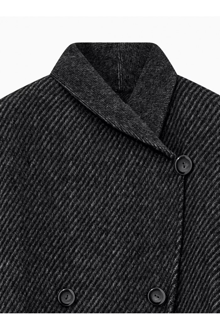 Belted double-breasted coat in virgin wool double jacquard