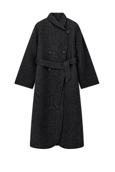 Belted double-breasted coat in virgin wool double jacquard