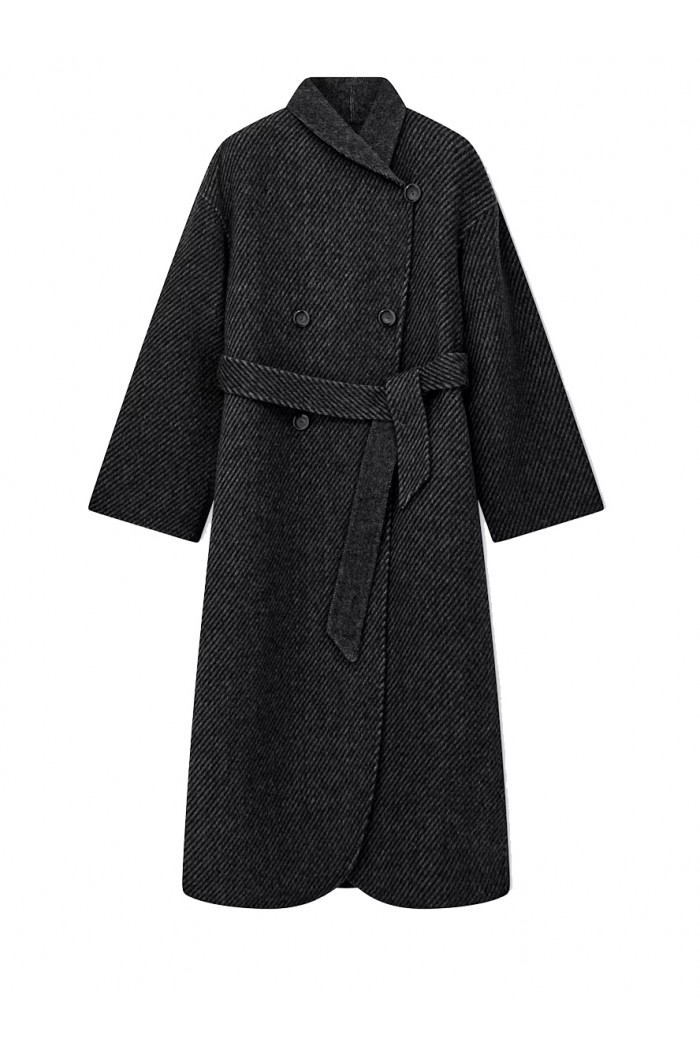 Belted double-breasted coat in virgin wool double jacquard