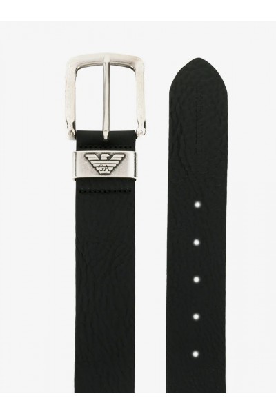 Leather belt with logo buckle