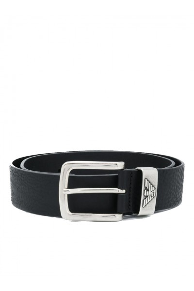 Leather belt with logo buckle