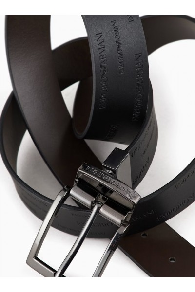 Reversible leather belt with all-over embossed lettering