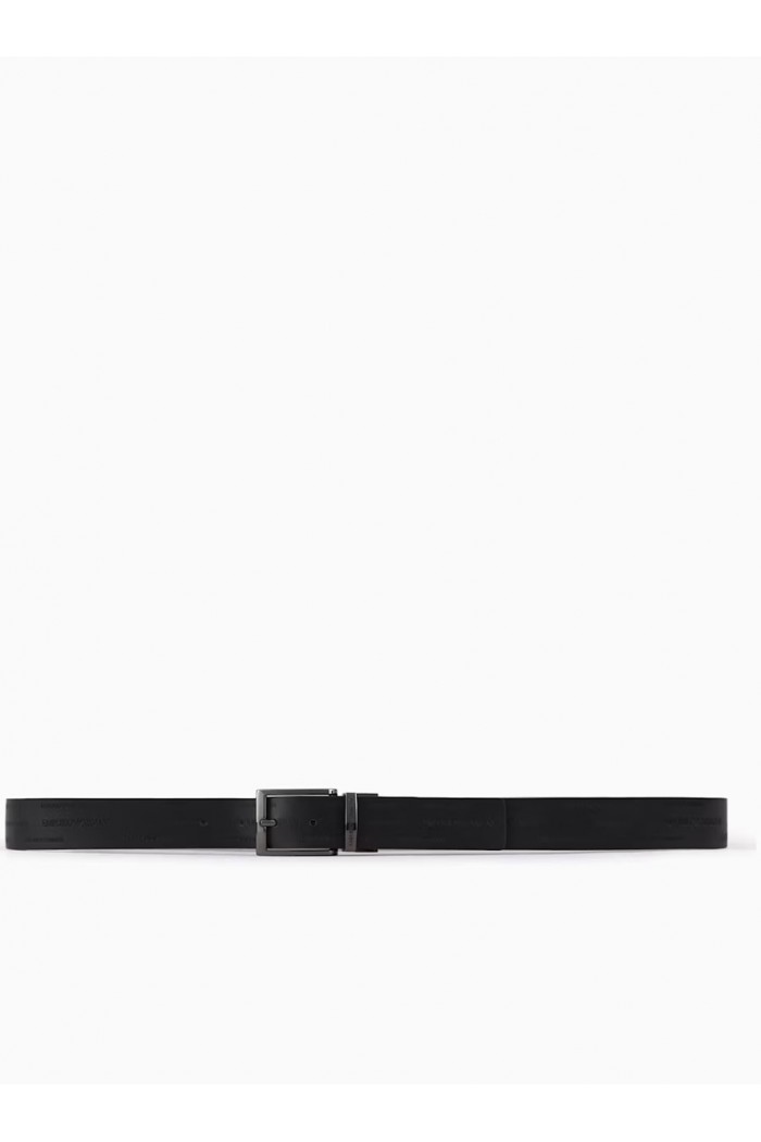 Reversible leather belt with all-over embossed lettering