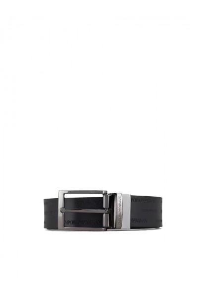 Reversible leather belt with all-over embossed lettering
