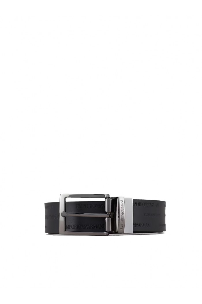 Reversible leather belt with all-over embossed lettering