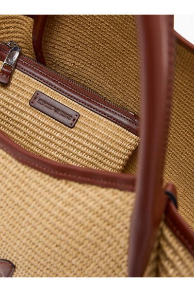 Woven straw medium shopper bag with EA logo Woven straw medium shopper bag with EA logo