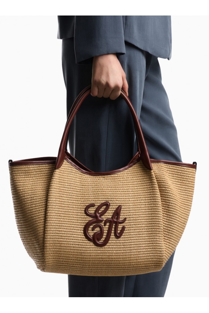 Woven straw medium shopper bag with EA logo