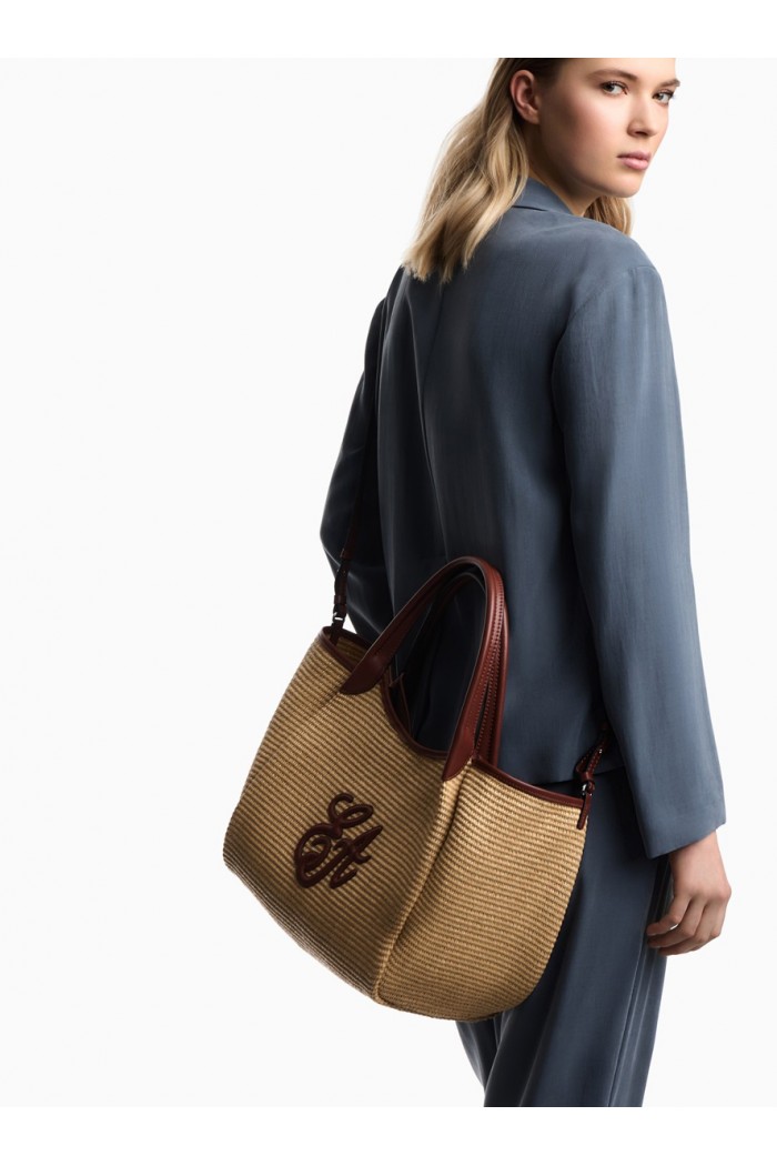 Woven straw medium shopper bag with EA logo
